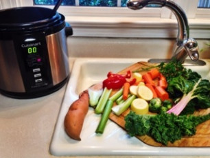 Veggies washed, and then I made broth in my pressure cooker. It only took 15 minutes. -Bridget