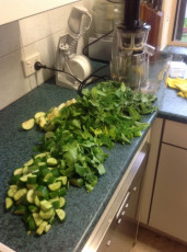 Making a green juice: celery, cucumber, mint, lemon, kale, apple, ginger. YUM! -Jo