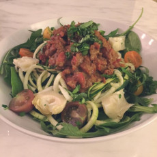 Zoodles with a raw marinara sauce on a bed of spinach and arugula. Pre-Cleanse weeknight dinner winner! -Celeste